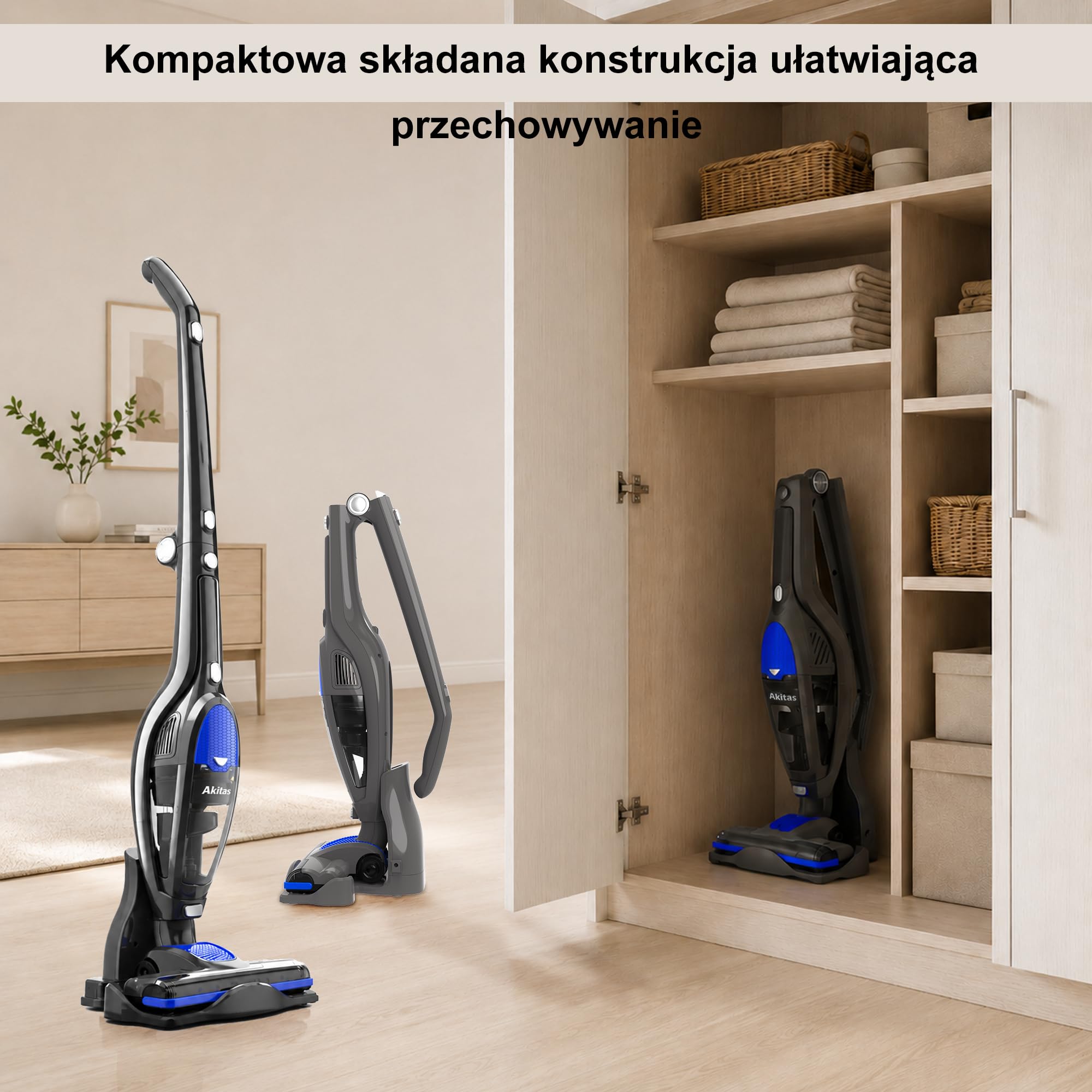 Akitas U10A 3w1 Bezprzewodowy Odkurzacz Patykowy, Lekki Przenośny i Stojący, 22,2V 150W Ładowalna Bateria Litowa dla Podłóg, Dywanów, Włosów Zwierząt