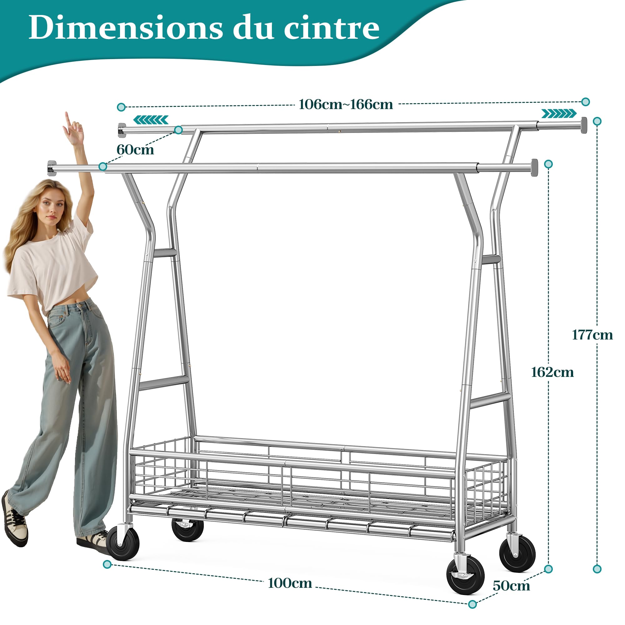 Portant à Vêtements Solide à Roulettes avec Panier, charge 200KG