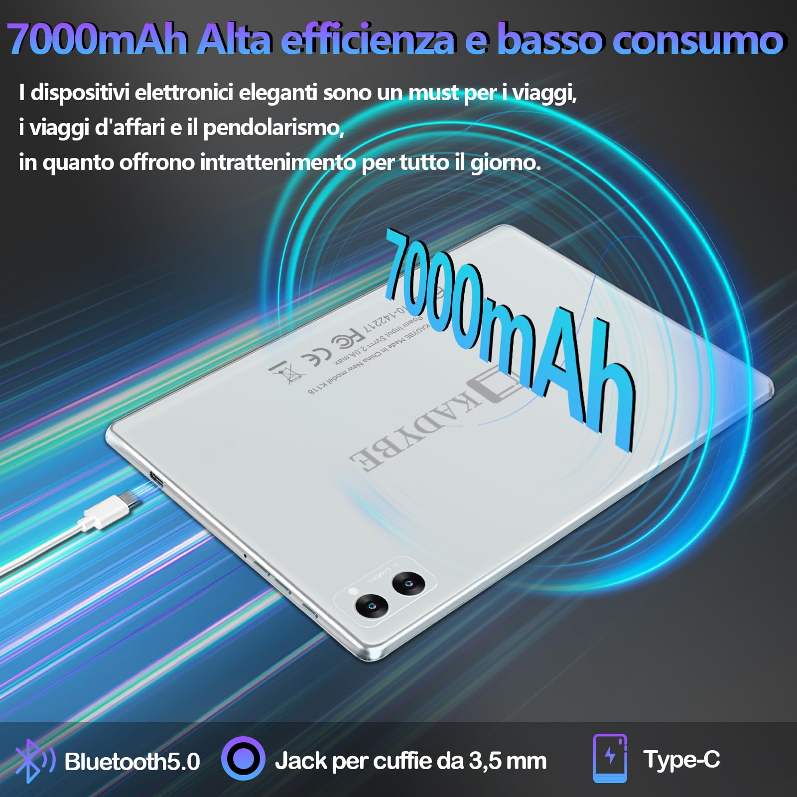 KADYBE 2025 Ultima versione Android tablet 10 pollici, 8 RAM+128GB(TF 1TB), Octa core, 5G WLAN, 8+13 MP,1080 LCD,GPS, GMS,1,8 GHz, 7000 mAh, tablet PC con tastiera e mouse,Type C-(Argenteo)