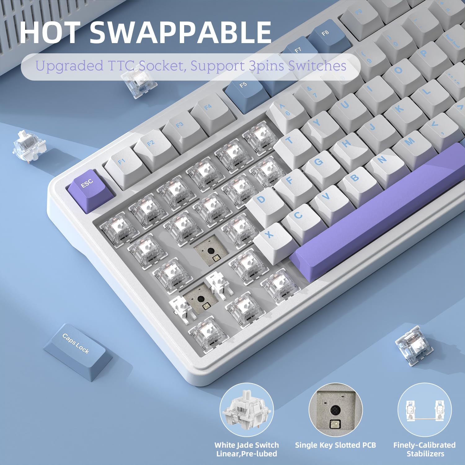 AJAZZ x Attack Shark X85 Mechanische Dichtungstastatur,75% kabellose Gaming-Tastatur mit Knopf,5-Lagige Polsterung,2,4G Kabellos/Bluetooth/USB-C,Hot-Swap-Linearschalter,RGB,für PC,MAC (Weiß Lila)