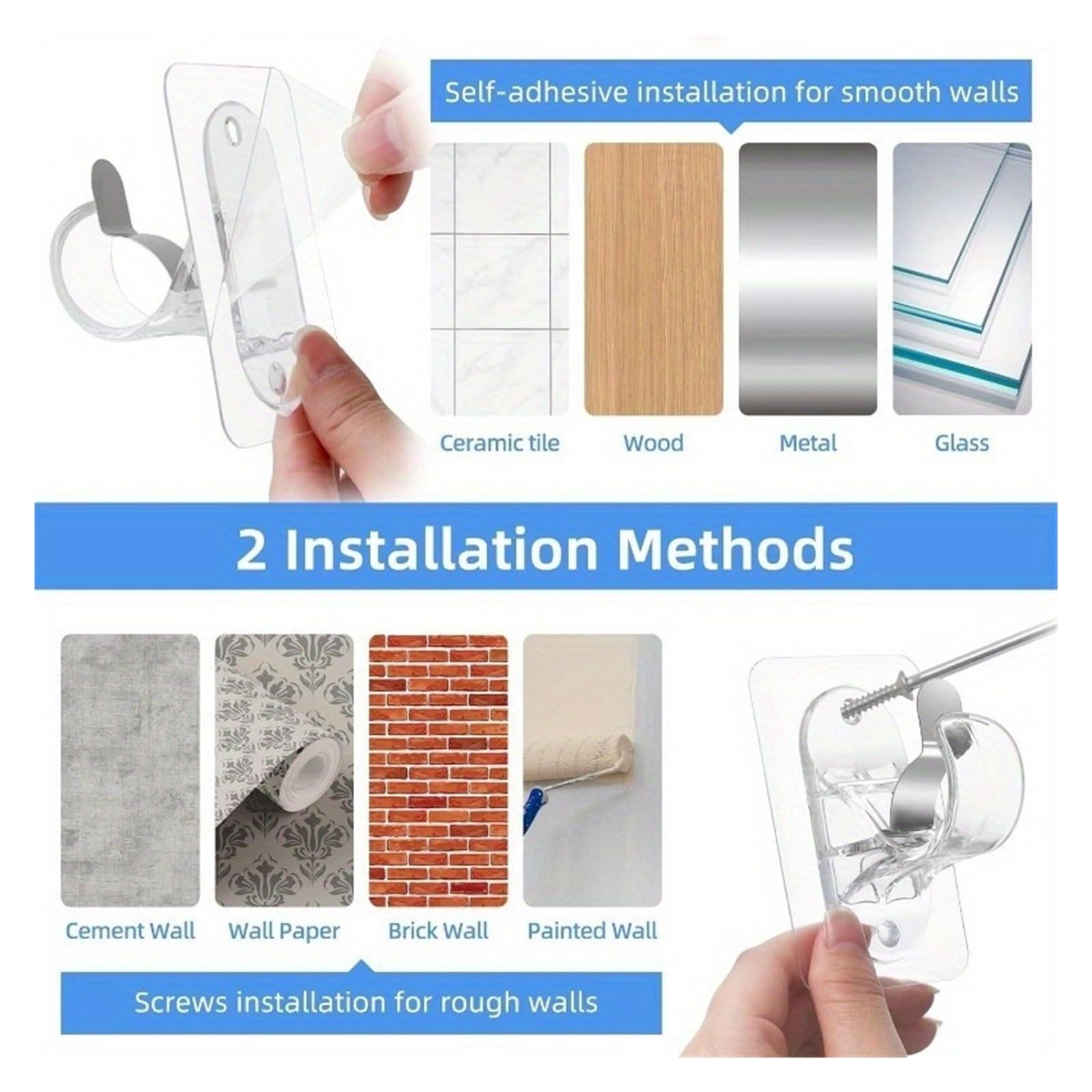 Supports de Tringle à Rideau sans perçage, Supports Auto-adhésifs adaptés aux locataires, Crochets Robustes Adapté aux familles(Transparent -12pcs)