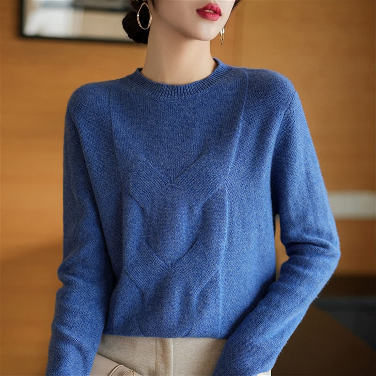Kelsiop 100% lana merino suéter de las mujeres cuello redondo suéter otoño invierno moda punto parte inferior camisa, gris, XXL