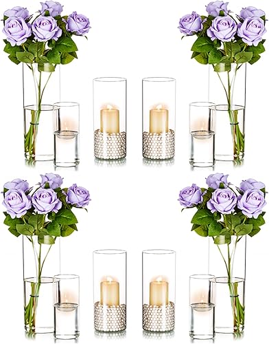 Romadedi Jarrones de vidrio para centros de mesa  Juego de 12 portavelas de huracán transparentes para flores, pilar votivo flotante, decoración del