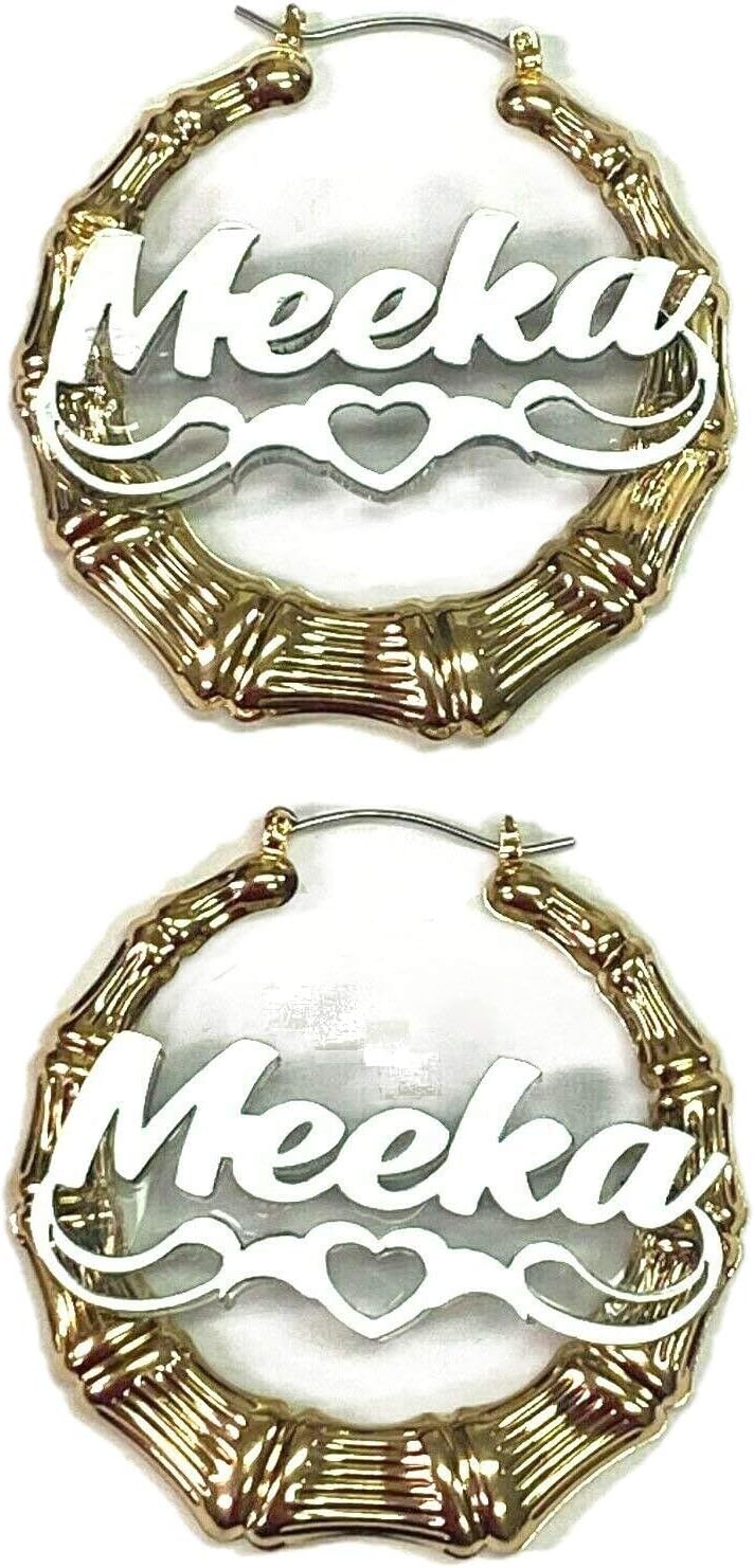 Personalized Custom Gold 1.5, 2.5, 3.5" Size Choice Bamboo Earrings Hoop Name Plate Laser Cut Diamond Look Script Cursive Swirls Design Stunning Look - Quality, Attractive Gold Bamboo Earrings, Made To Order - Any Name