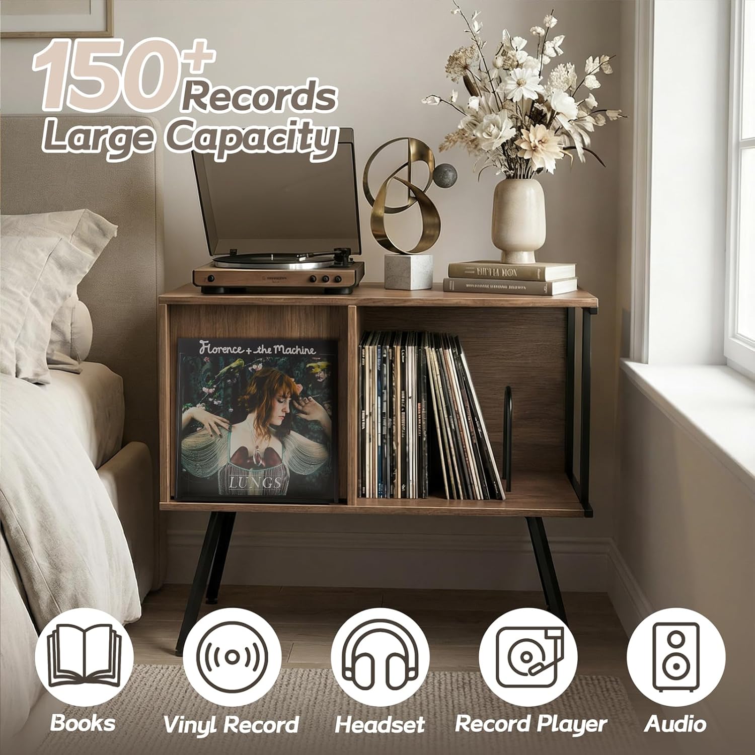 Faesun Flip Top Record Player Stand, Large Turntable Stand Holds up to 150+ Albums, Vintage Mid Century Record Player Table, Stereo Cabinet with Open Storage, for Living Room, Bedroom, Walnut