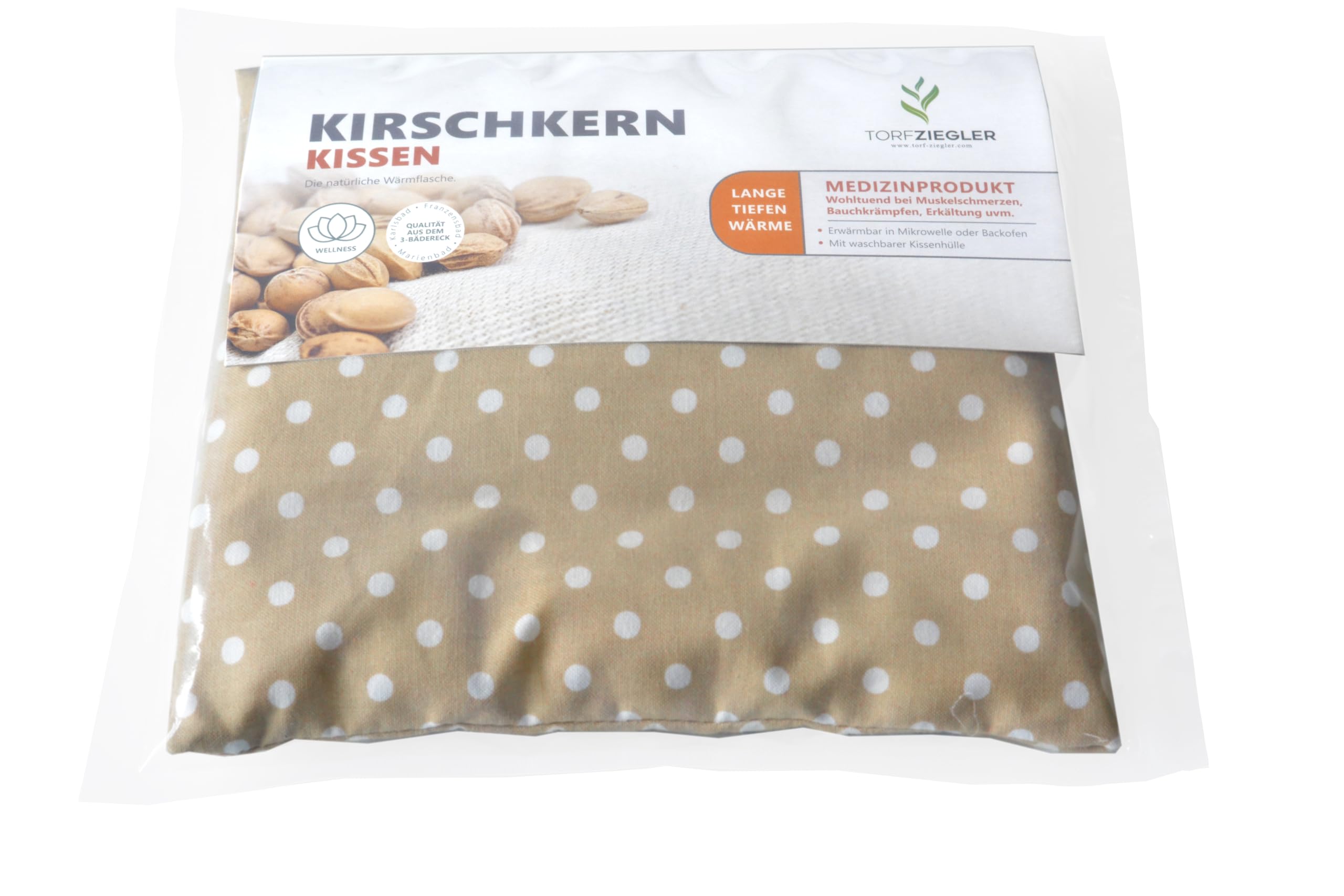 Cuscino termico ai noccioli di ciliegia 19×18 cm – dispositivo medico di classe I CE in cotone, applicazione caldo e freddo, beige con puntini bianchi