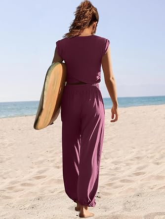 LAMISSCHE Womens Lounge Set Crop Top and Wide Leg pants Sets with Pockets