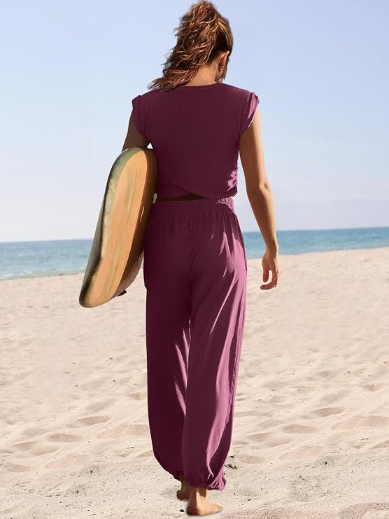 LAMISSCHE Womens Lounge Set Crop Top and Wide Leg pants Sets with Pockets