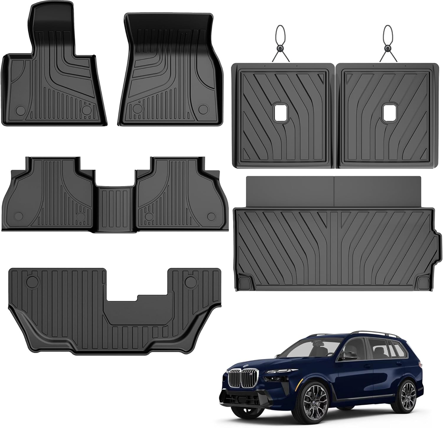for 2019-2024 2025 BMW X7 Floor Mats & Cargo Liner & Backrest Mats 7-Seat - Custom Fit All Weather TPE Floor Liner & Trunk Mat & Backrest Mats for BMW X7 2019-2025
