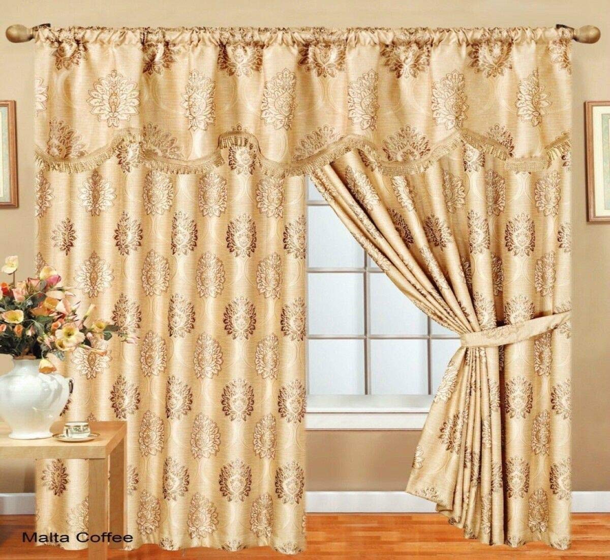 Prime Linen Curtains Pair Glitter Stripe Jacquard Fully Lined Matching Pelmet & Tieback Gold 66 x 72