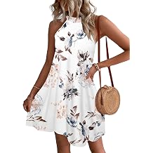 Wneedu Summer Dresses Women s Short Beach Dresses Halterneck Sleeveless A-line Dresses with Pockets