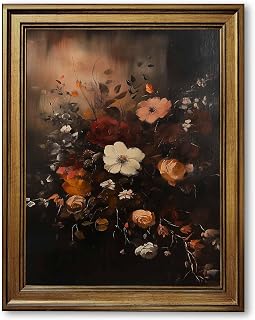 Gold Framed Vintage Floral Wall Art Retro Dark Botanical Oil Painting Poster Victorian Moody Roses and Wildflowers Elegant Baroque Style Canvas Print for Rustic Bedroom Home Decor 12x16inch