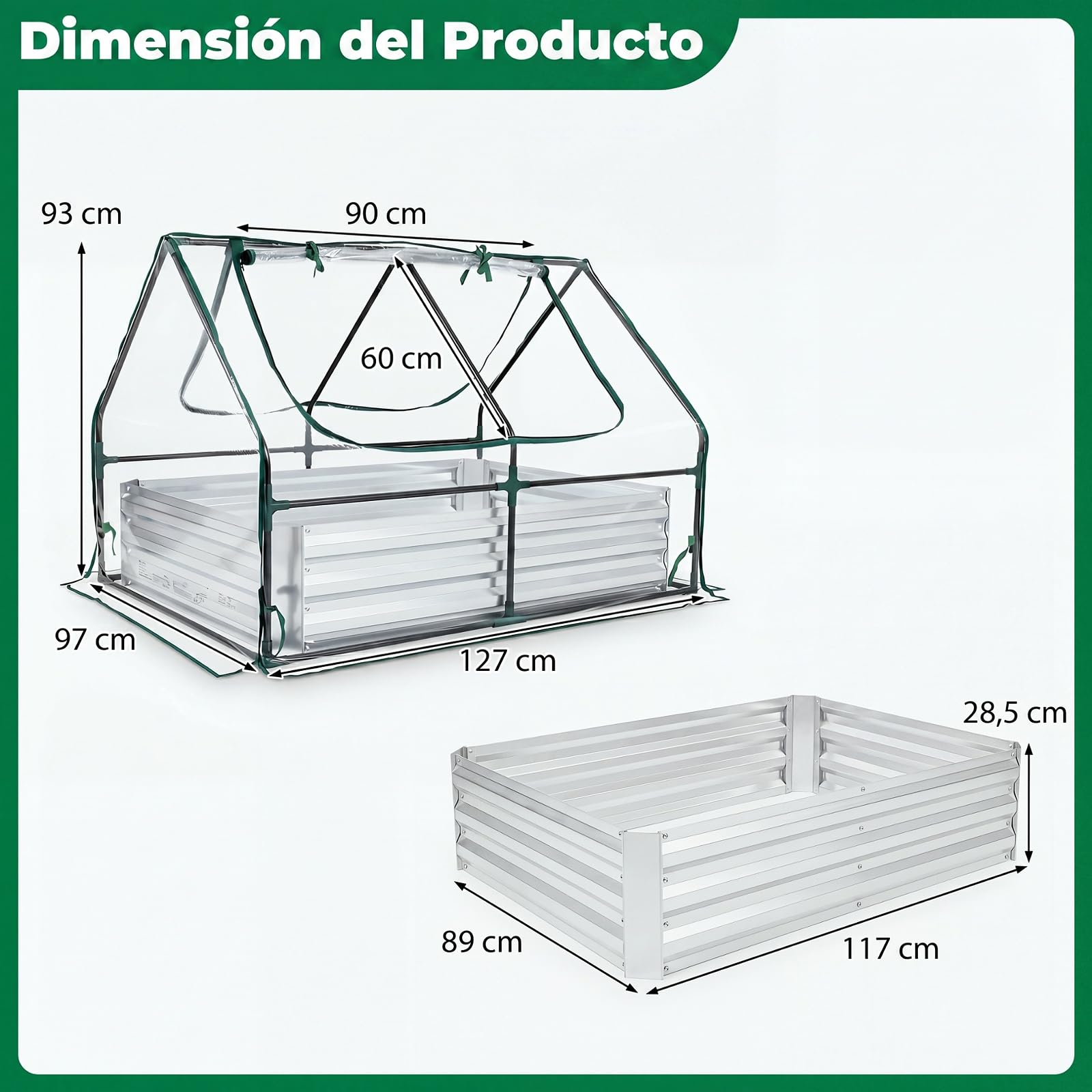 COSTWAY Cama de Jardín Elevada con Mini Invernadero, Huerto Urbano Terraza de Metal Galvanizado con Base Abierta y 2 Ventanas Enrollables, Jardinera Exterior para Flores Verduras Patio Balcón