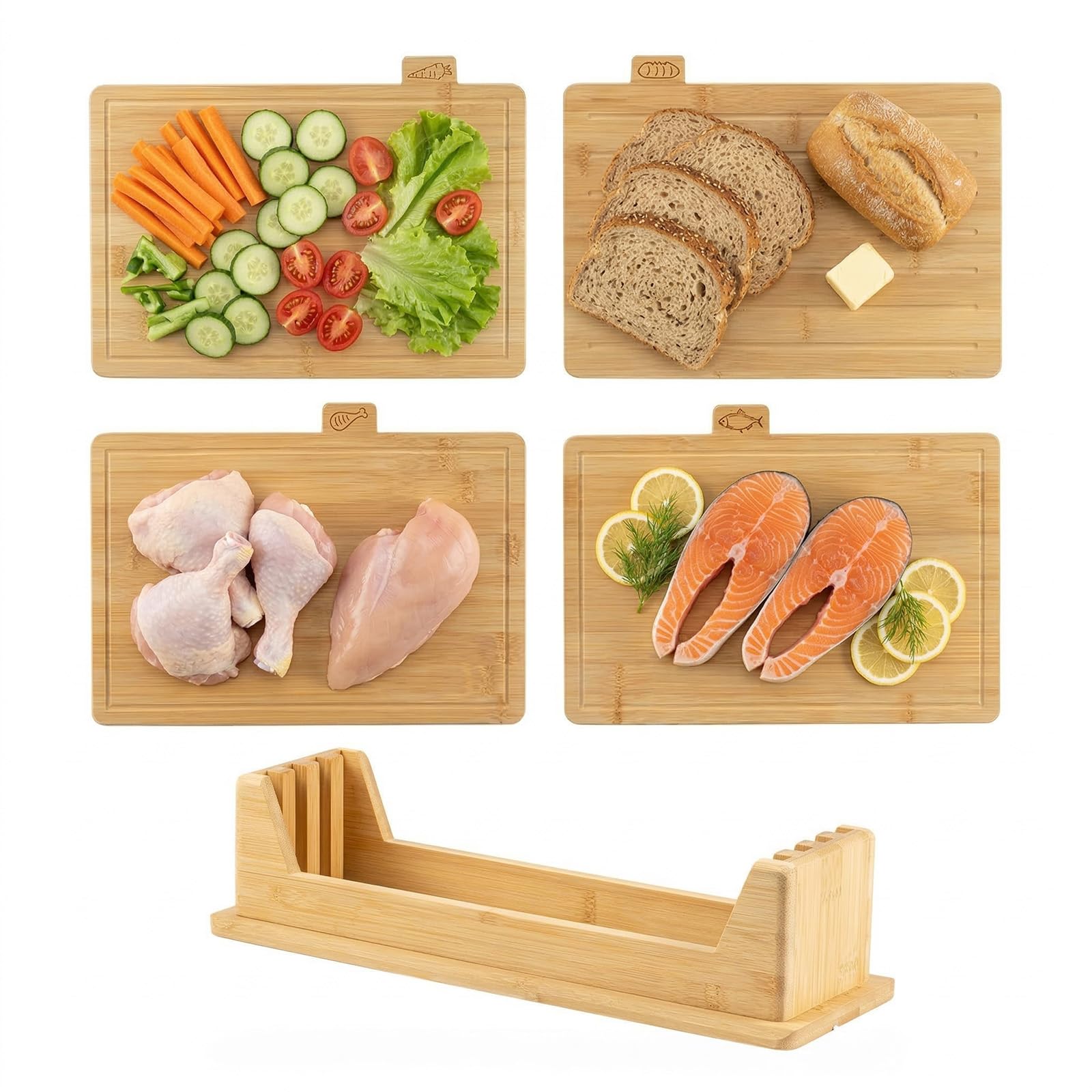 EVERGOODS Premium 5-Piece Bamboo Index Chopping Boards with Stand – Color-Coded Wooden Cutting Boards for Fruit, Vegetables, Meat, Fish & Bread