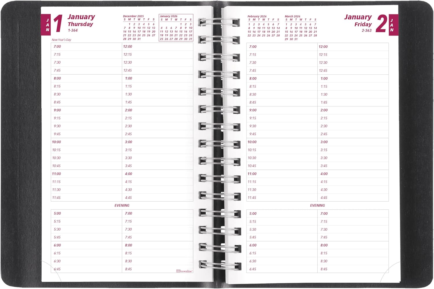 Brownline® 2026 Essential Daily Planner, Appointment Book, 12 Months, January to December, Twin-Wire Binding, 8" x 5", Black (CB800.BLK-26)