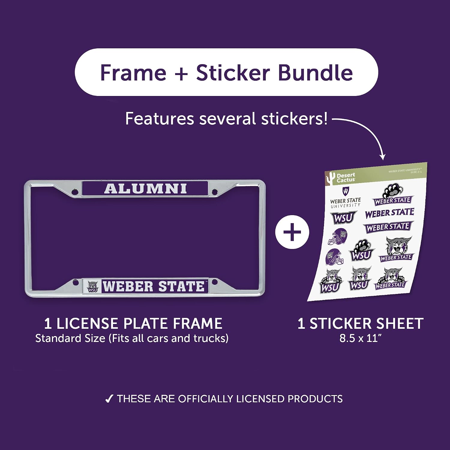 Desert Cactus Weber State University License Plate Frame and Stickers Bundle Gift Set WSU Wildcats Decals image 2