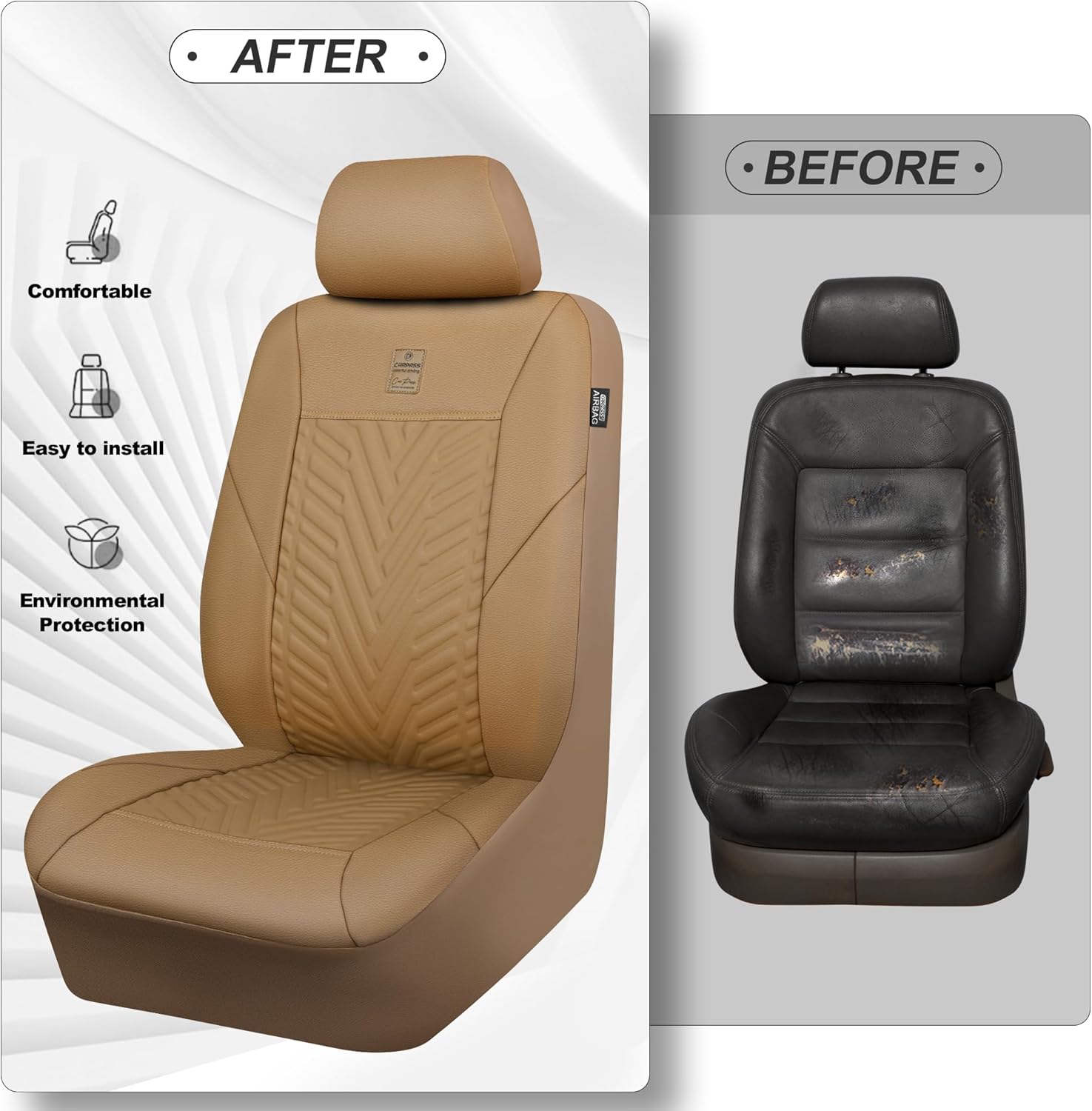 CAR PASS Faux Leather Car Seat Covers, 3D Tyre Embossed Waterproof Universal Fit 5 Seat Covers for SUV, Automotive Truck, Scratch Proof, Airbag Compatible (Deluxe Full Set, All Beige)