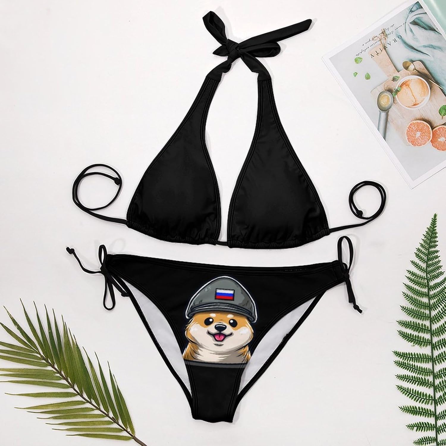 Corgi Dog in Military Russian Flag Hat Novelty Women's 2 Piece String Bikini Set Swimsuits Bathing Suit Swimwear