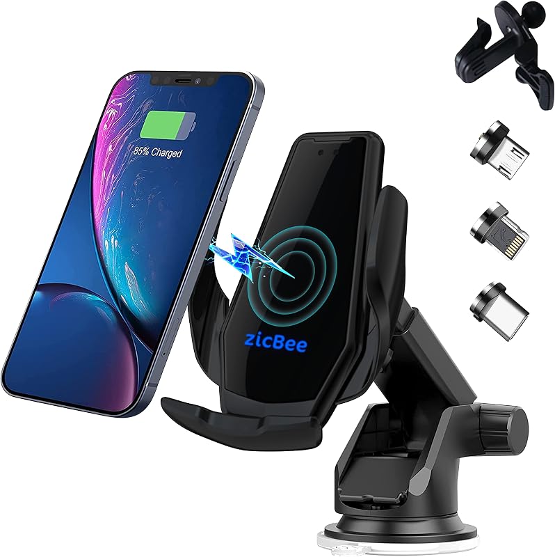 Cargador de auto inalámbrico de 15 W – zicBee Qi soporte de teléfono de carga rápida con sujeción automática para iPhone 15 14 13 12 11 Mini/Pro/XR/X/Xs/SE/8 Plus, Samsung S23/S22/S21, otros teléfonos Qi con tamaño de pantalla inferior a 6,5 ​​pulgadas
