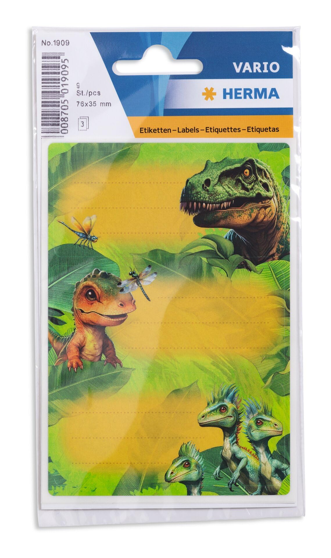 HERMA 1909 Dino World Book Labels, 9 Pieces, 76 x 35 mm, Self-Adhesive Lined Book Stickers for School, Kids, Girls, Boys, Multicoloured Book Labels Stickers, Colourful
