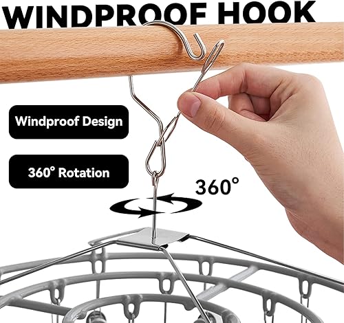 Miniatura 3 de Paquete de 2 estantes de secado de ropa interior, colgador de ropa para calcetines con 48 clips, redondo de acero inoxidable resistente para colgar