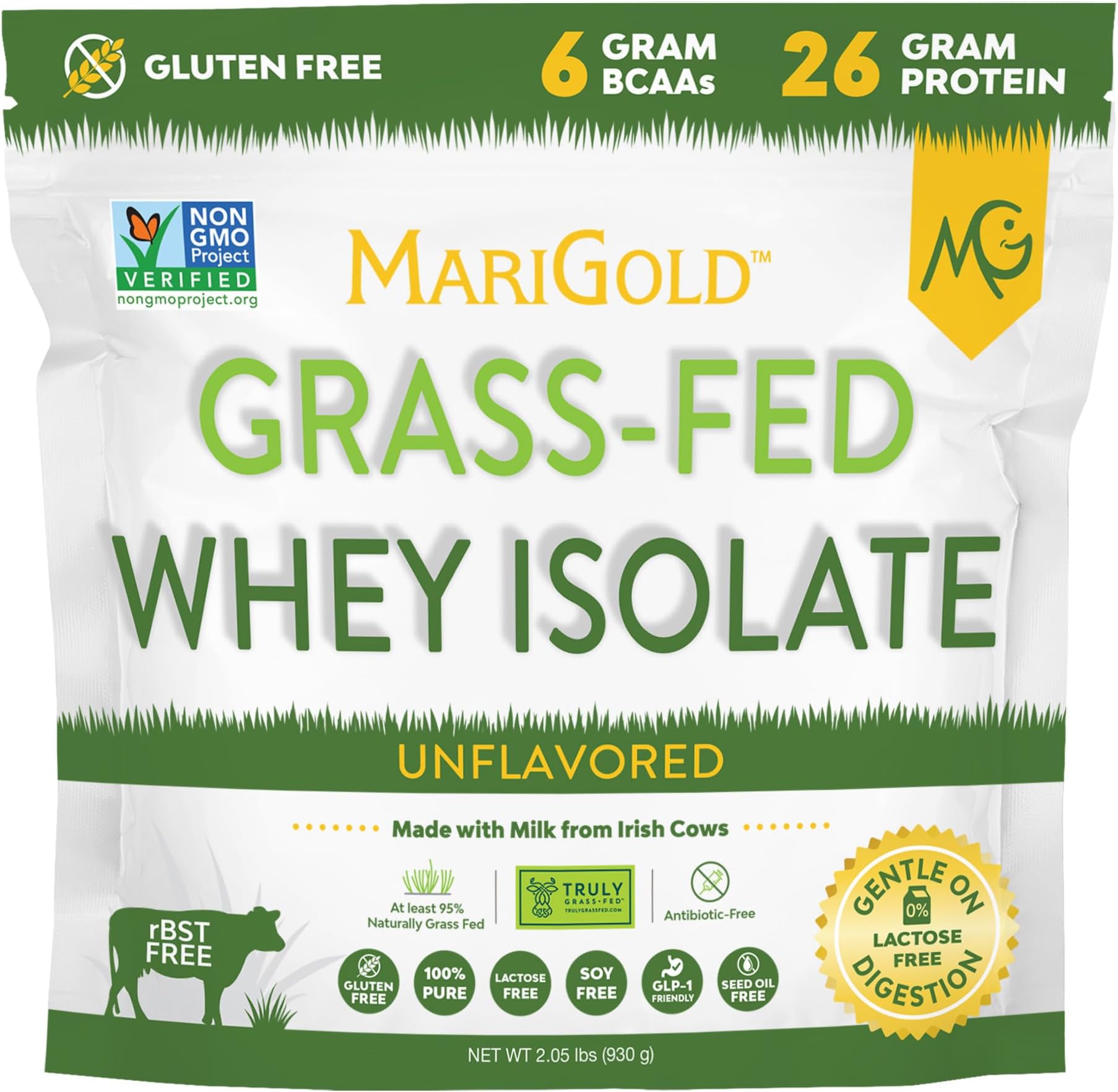 MariGold Grassfed Whey Isolate Protein Powder - Unflavored 2LB - Muscle Building & Recovery - 100% Pure, Cold Processed, Micro Filtered, Non-GMO, rBGH Free, Soy Free, Gluten Free, Lactose Free