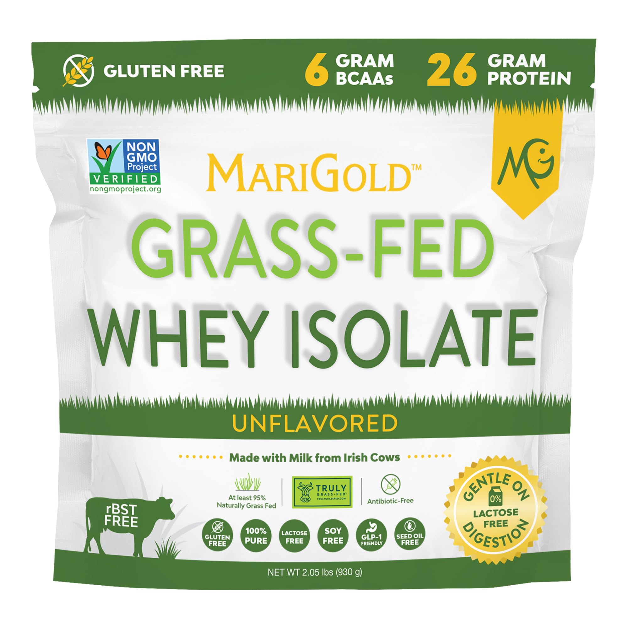 MariGold Grassfed Whey Isolate Protein Powder - Unflavored 2LB - Muscle Building & Recovery - 100% Pure, Cold Processed, Micro Filtered, Non-GMO, rBGH Free, Soy Free, Gluten Free, Lactose Free