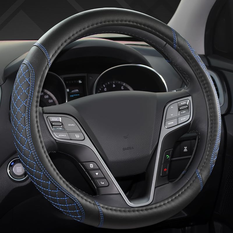 Capa para volante West Llama em couro com acabamento matelassê preto e azul para Hyundai, 37,5 cm