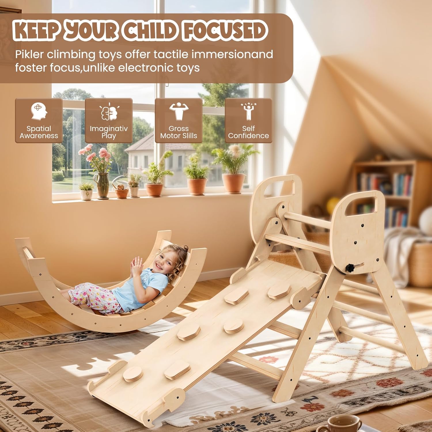 Pikler Triangle Set Foldable Wooden Toddler Climbing Toys Indoor, Playground Jungle Gym for Kids, Montessori Climbing Set for Toddlers