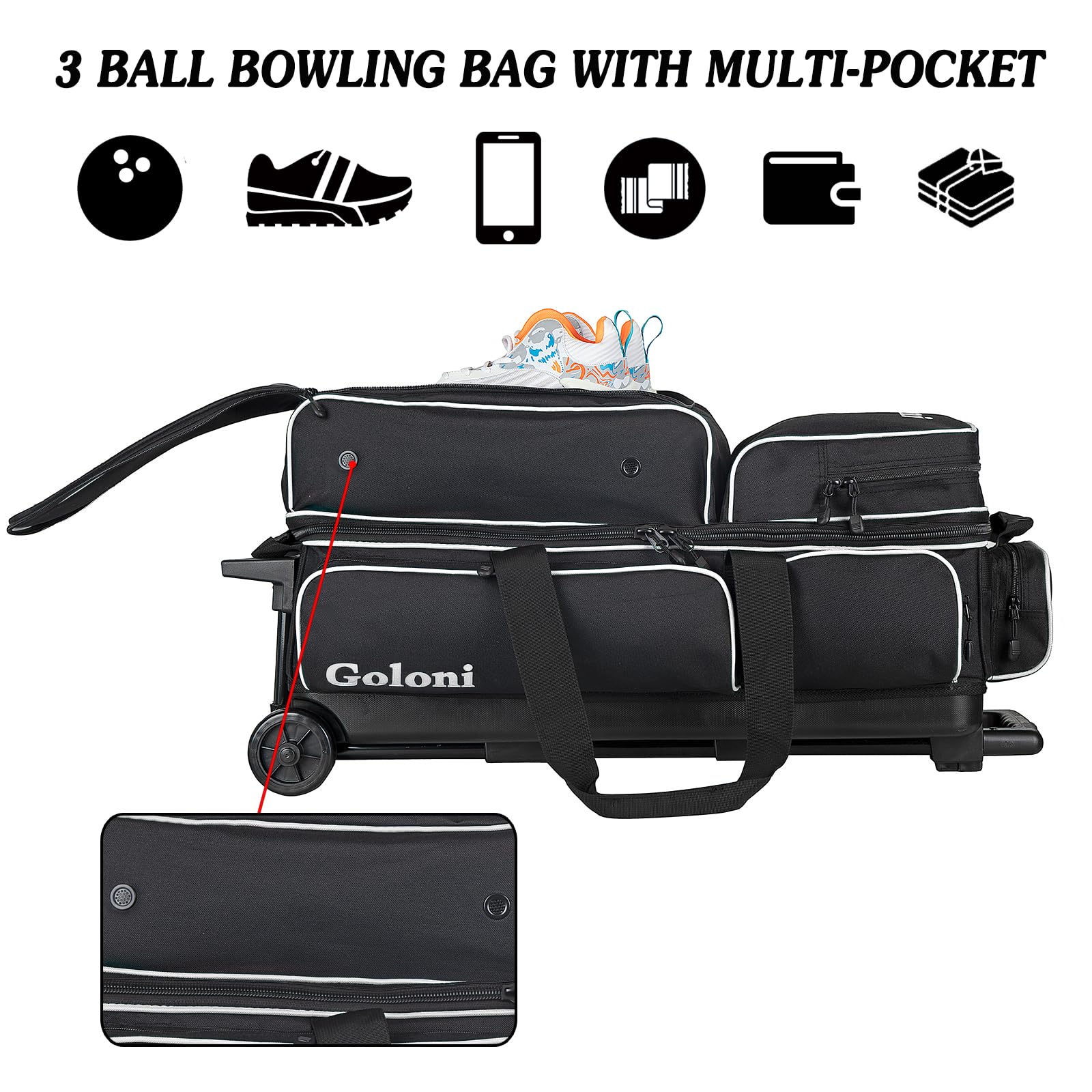 Goloni 3-Ball Bowling Bag With Wheels - Retractable Handle Extends To 38", Separate Shoe Compartment