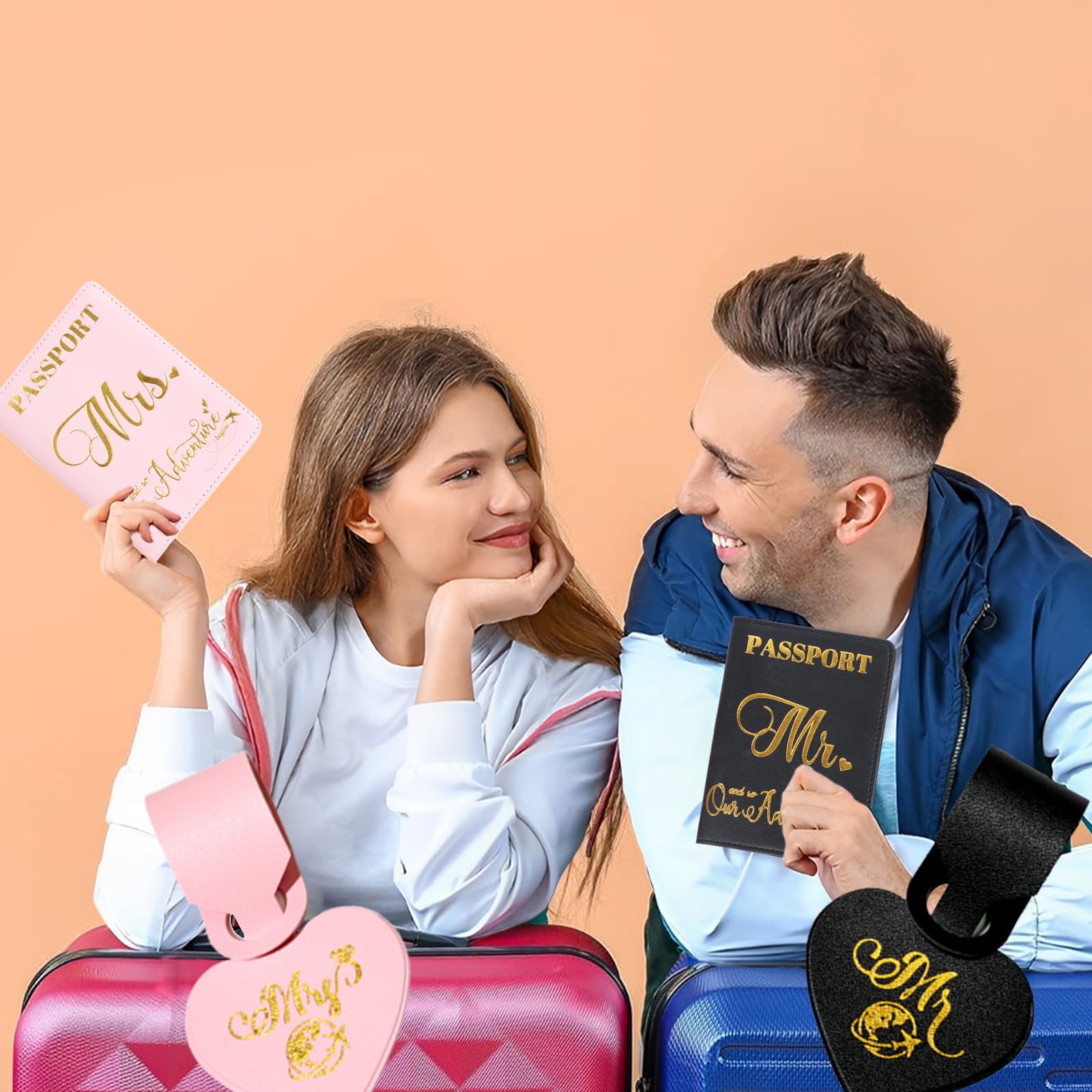 Etykiety bagażowe dla pana i pani z zestawem uchwytów na paszport, niezbędny prezent na miesiąc miodowy, prezent na ślub, podróż dla par, prezenty na wieczór panieński dla nowożeńców, panny młodej