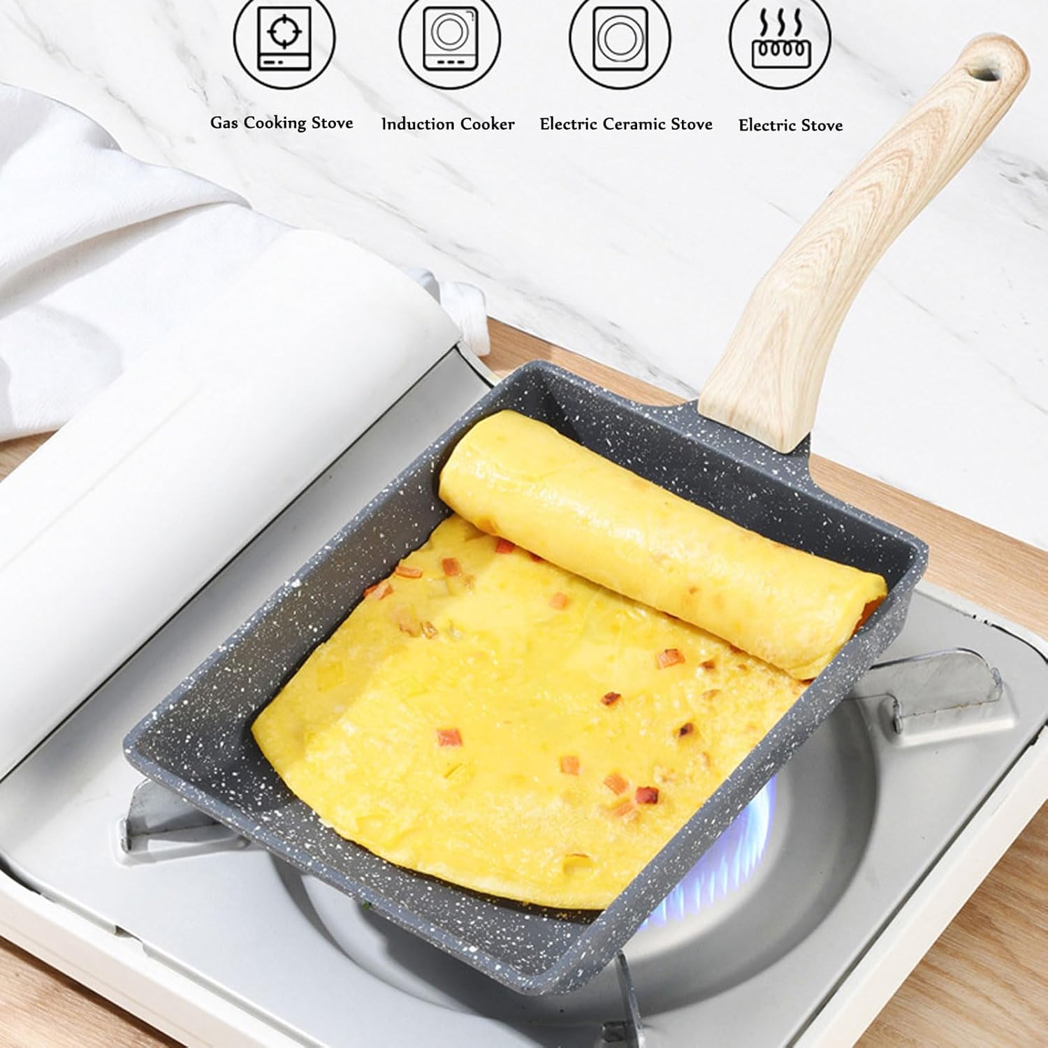 HUHJYUGE Non-Stick Tamagoyaki Pan, Japanese Style Rectangle Omelette Pan, Flat Frying Skillet for Eggs, Pancakes, and Breakfast Cooking, Maifan Stone Coating, with Handle (A)