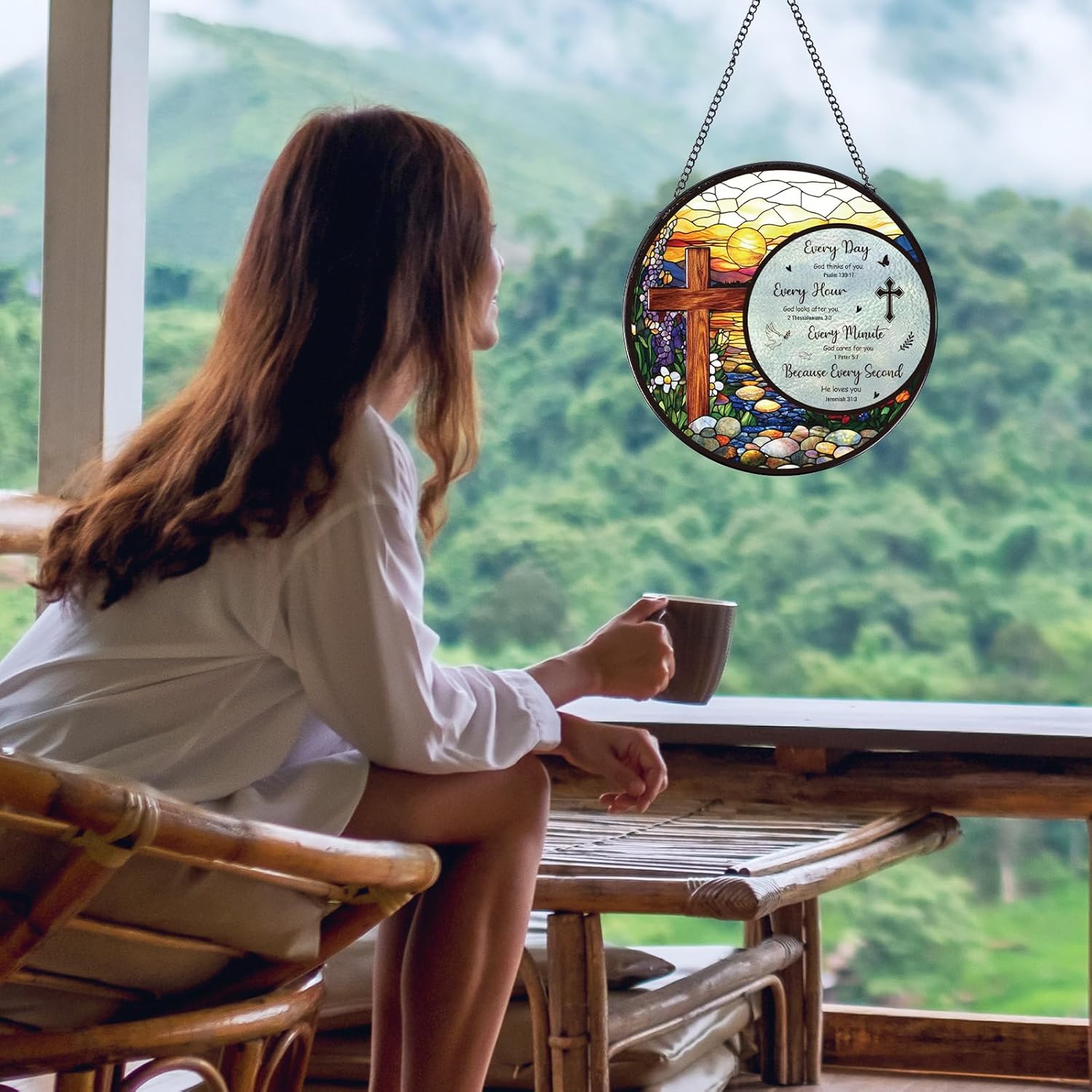 Cross Stained Glass Window Hanging, Bible Catchers Indoor Window Gifts for Grandma Mom Women Men, Christmas Wall Art Decor for Home Garden Doors - Image 4