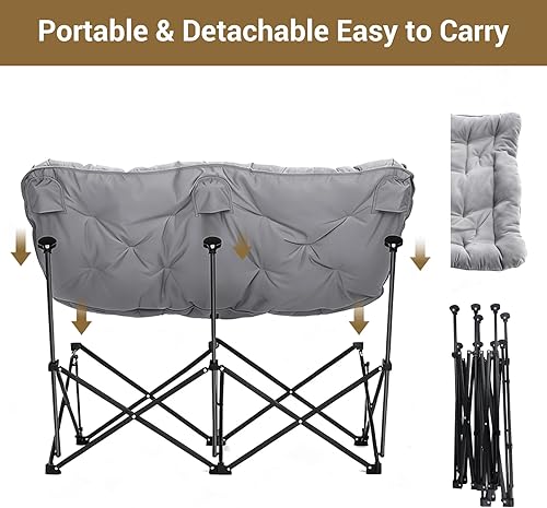 Miniatura 6 de Silla de camping doble acolchada de gran tamaño con respaldo alto, silla plegable y cómoda de alta resistencia, silla de mariposa para adultos,