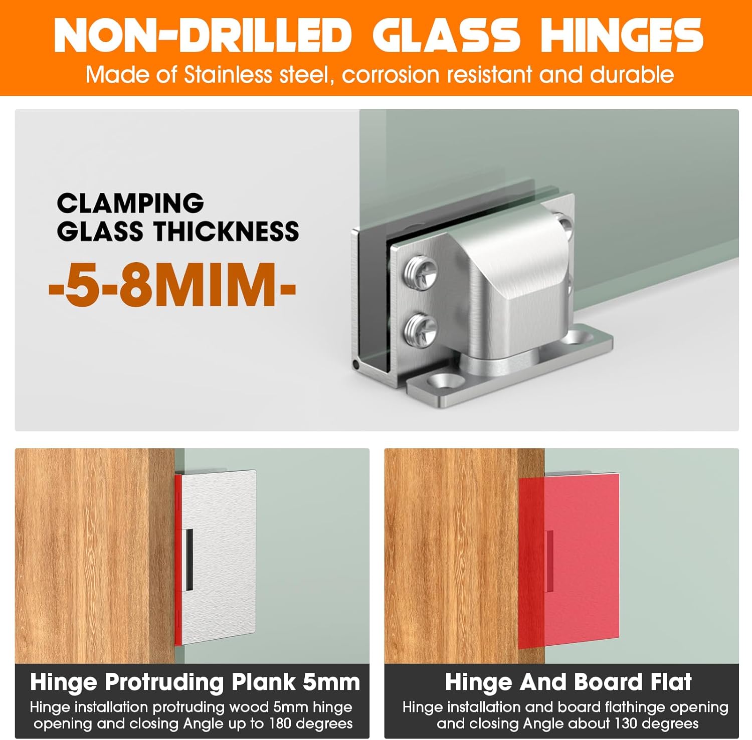 Glass Door Hinges,Glass Hinges,Glass Cabinet Hinges,304 Stainless Steel,Silent Closing for Thickness 5-8mm Doors (Silver,4 Pack)