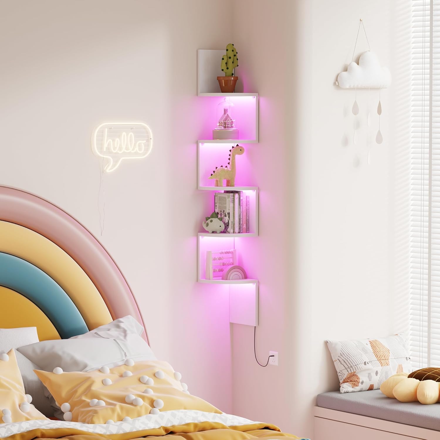 Qupui Corner Shelf Wall Mount with LED Light, 5 Tier Floating Corner Shelves, Plant Shelf for Bedroom, Floating Shelves for Wall, Display Stand for Living Room, Bathroom, Home Office, White