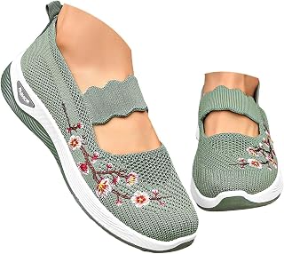 Slip-On promenadskor för kvinnor vardaglig halkfria lågtoppskor för kvinnor UK mjuk sula andningsbara nätsneakers lätta bred passform ortopediska träningsskor plantar fasciit bågstöd damer