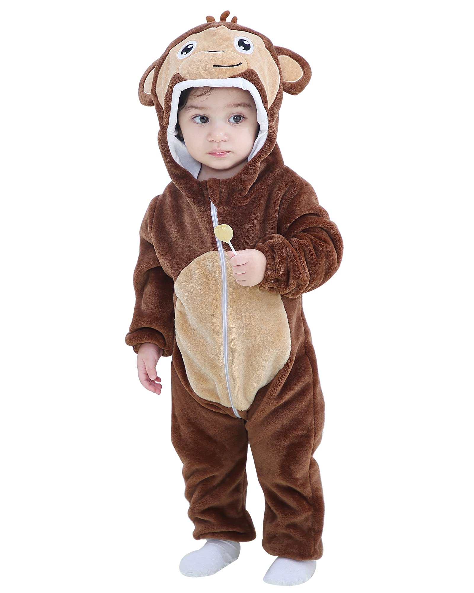 MICHLEYBaby Animal Hooded Romper Flannel Winter Halloween Cosplay Jumpsuit