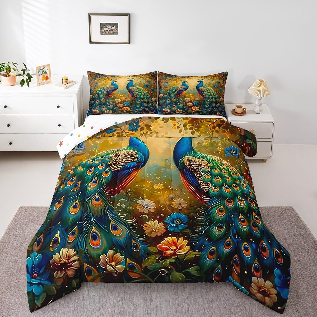jejeloiu Peacock Bedding Set King Size Beautiful Bird for Adult Kids Boys Girls Green Blue Duvet Set Comforter Set Flower Floral Quilt Set 3Pcs