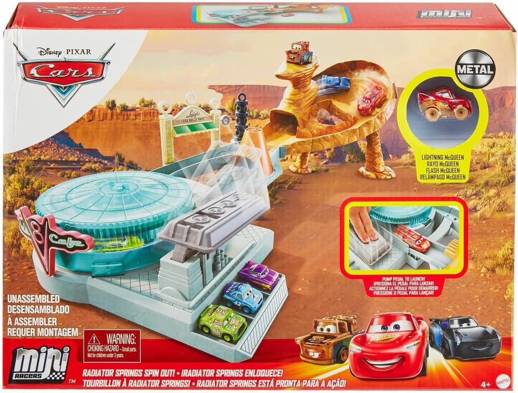 Mattel Disney and Pixar Cars Mini Racers Playset, Radiator Springs Spin Out with Pitty & Exclusive Lightning McQueen Toy Car