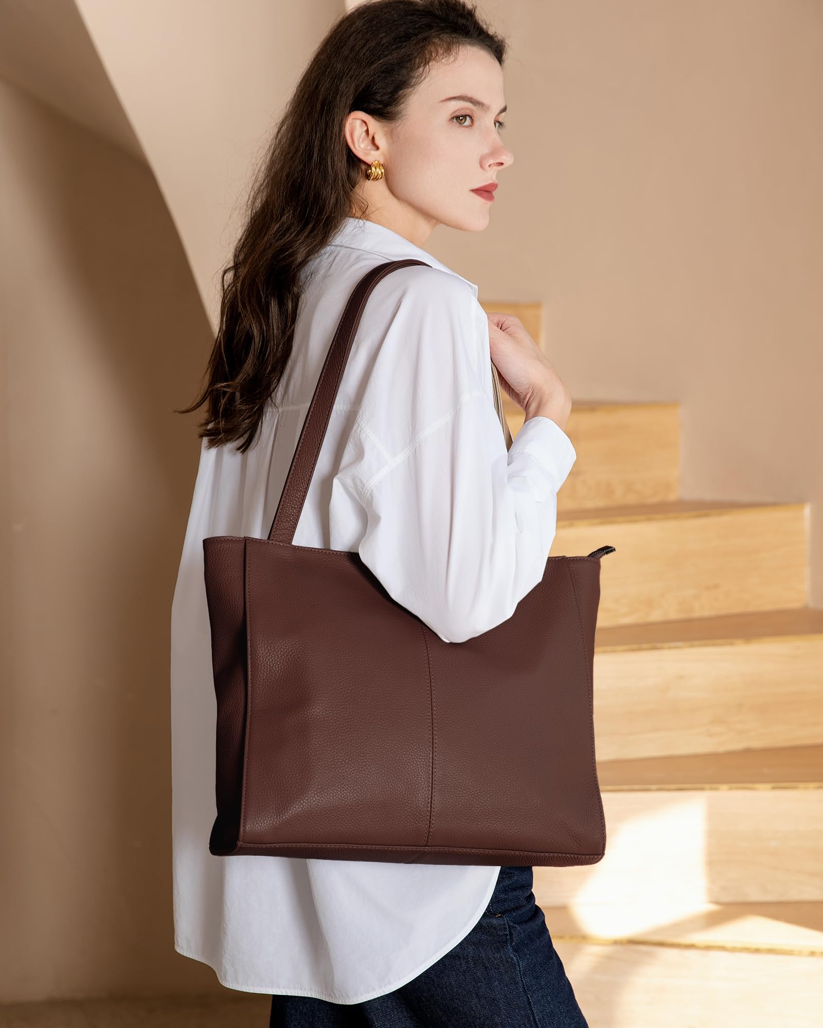 befen Real Leather Dark Brown Tote Bag for Women Work, Women's Tote Bags Purses for Daily and Travel Coffee