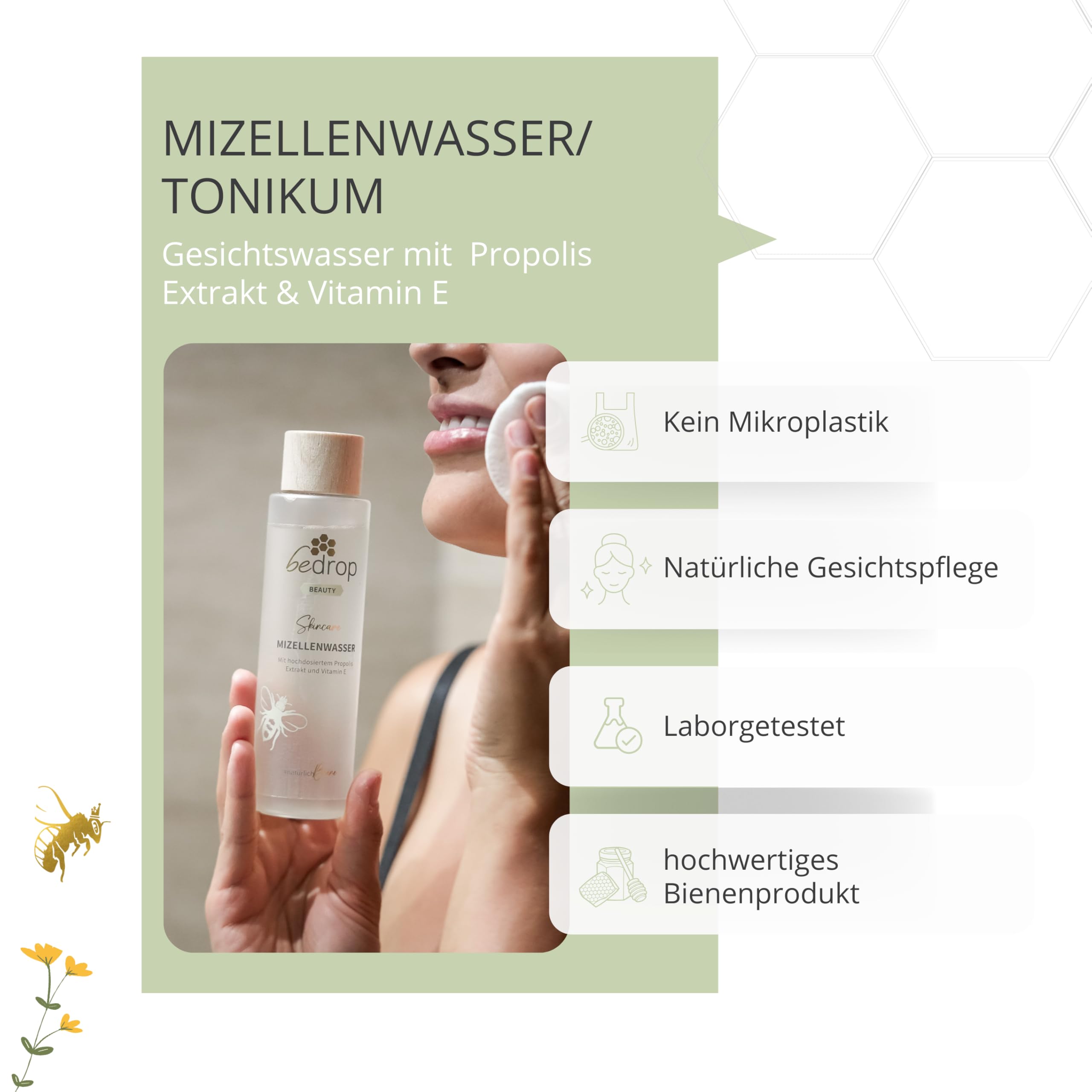 bedrop Mizellenwasser Tonikum Gesichtswasser mit Propolis Extrakt & Vitamin E gegen unreine Haut & Verfeinerung des Hautbildes, Gesichtsreinigung für jeden Hauttyp - (3x 150ml Sparset)