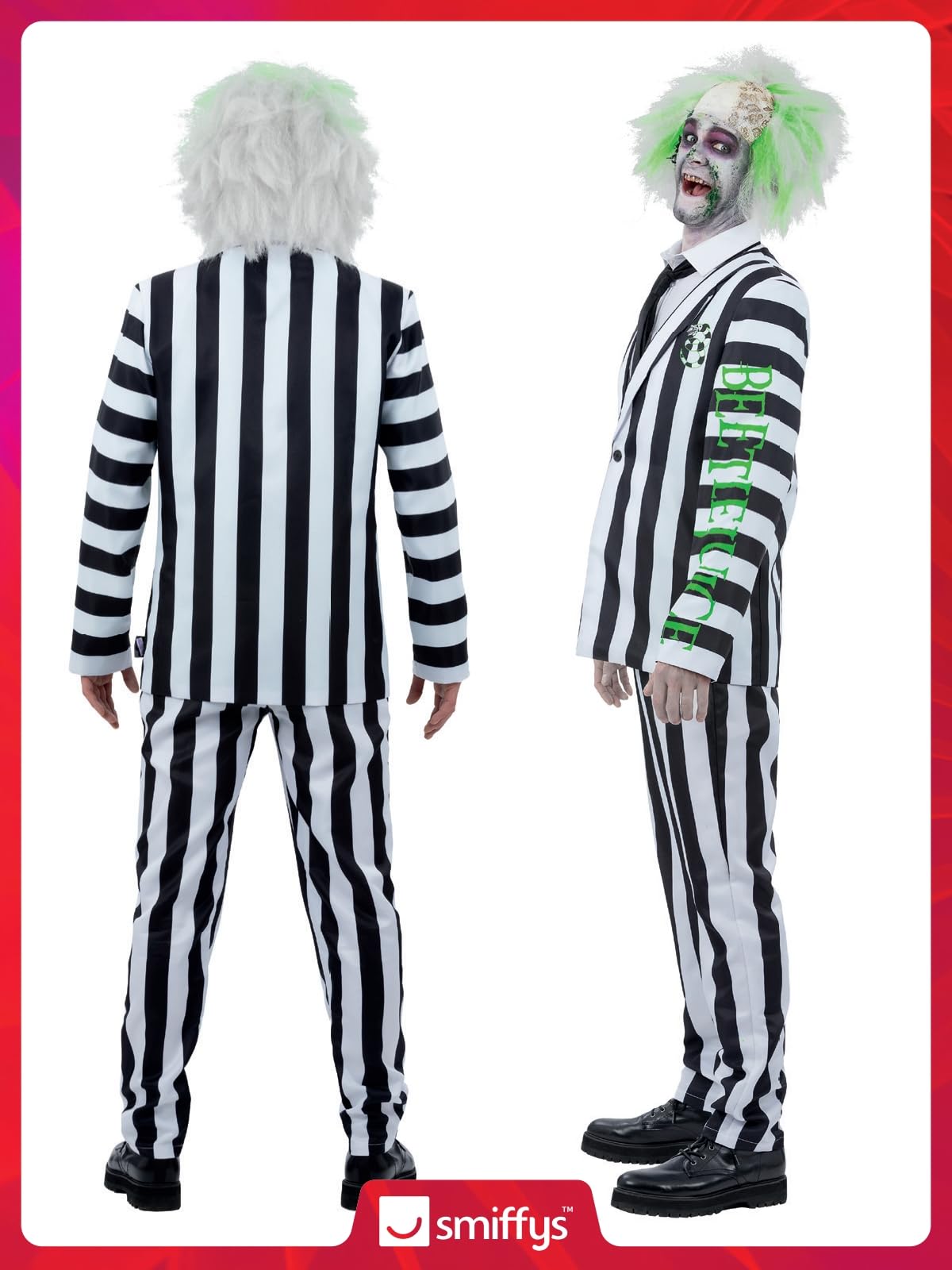 Smiffys Beetlejuice - Costume da bambino con giacca, camicia finta cravatta e pantaloni, licenza ufficiale Warner Brothers, costume classico Beetlejuice a righe con costumi per la famiglia abbinati