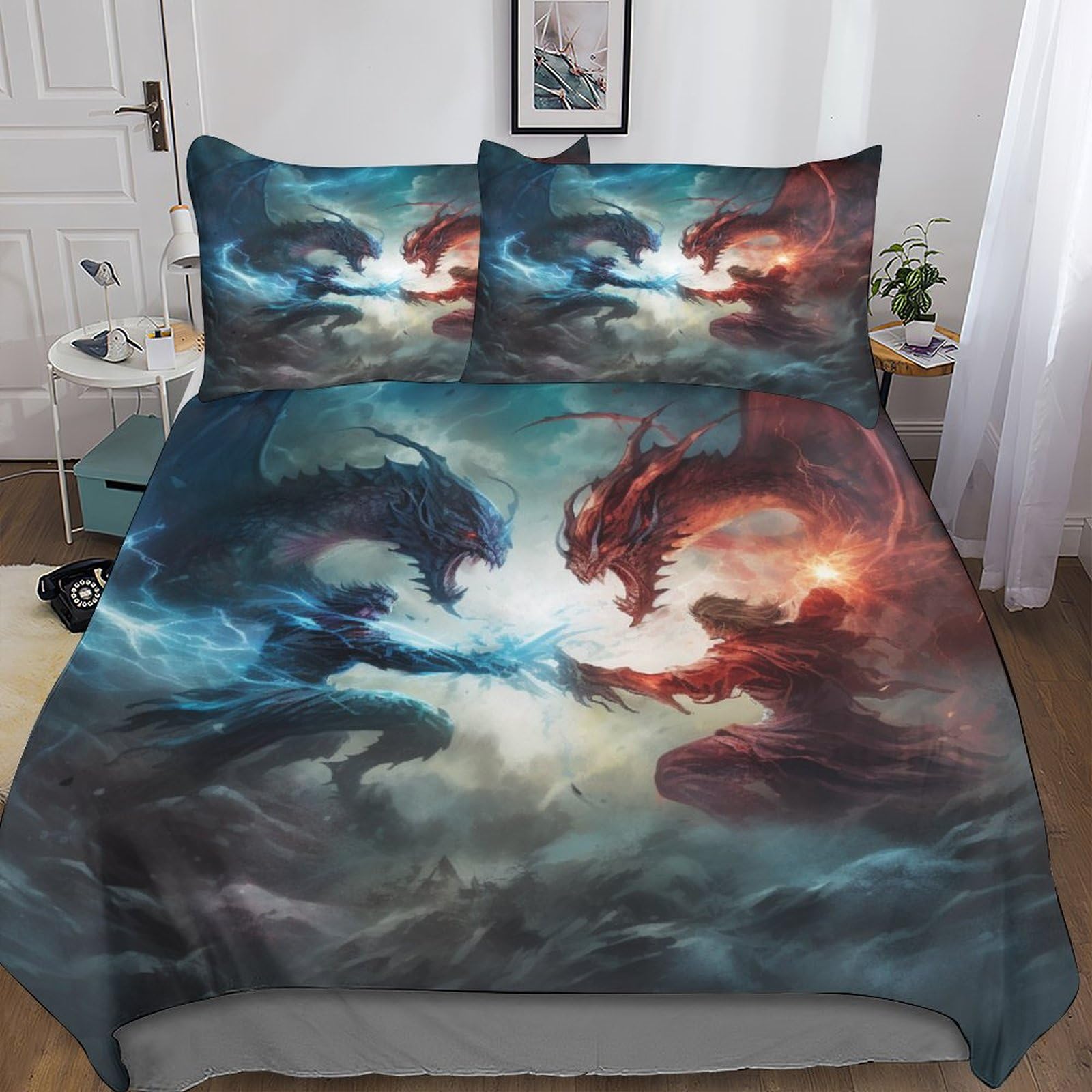 Dragon Animal ThemeDuvet Cover Bedding Set For Kids Teen Girls Soft Microfiber Fire And Ice Comforter Cover 3D Print Bedclothes Quilt Cover Bed Decor With Pillow 3 Pcs With Zipper King（220x240cm）