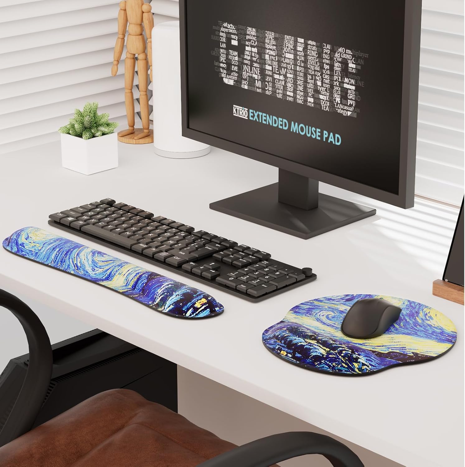 KTRIO Ergonomic Keyboard Wrist Rest, Memory Foam Mouse Pad with Wrist Rest for Computer Keyboard, Mouse Pad Set for Easy Typing & Pain Relief for Office & Home, Starry Night