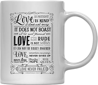 Andaz Press 11oz. Coffee Mug, Love Never Fails 1 Corinthians 13 : 4-8, 1-Pack, Bridal Shower Engagement Birthday Christmas Ideas with Box