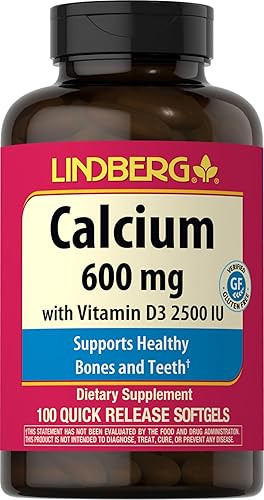 Lindberg Calcio 600 mg con vitamina D3 100 cápsulas blandas 2500 UI D3 Suplemento sin OMG, sin gluten