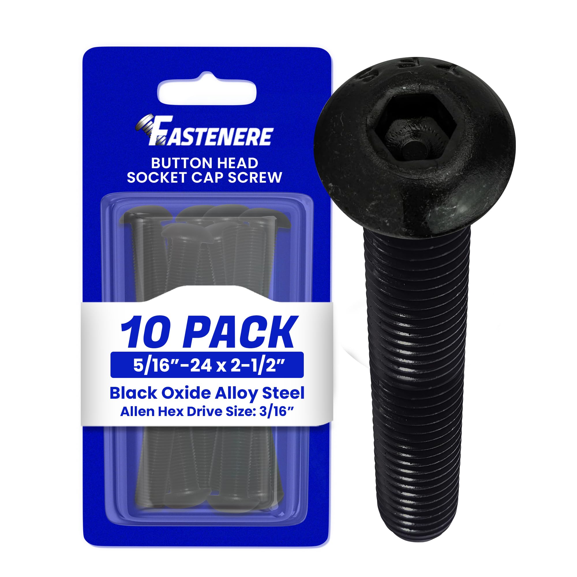 Fastenere Button Head Socket Cap Screws - 5/16-24 x 2-1/2" (10-Pcs) Alloy Steel, Fully Threaded, Fine Black Oxide Finish, Corrosion-Resistant, Machine