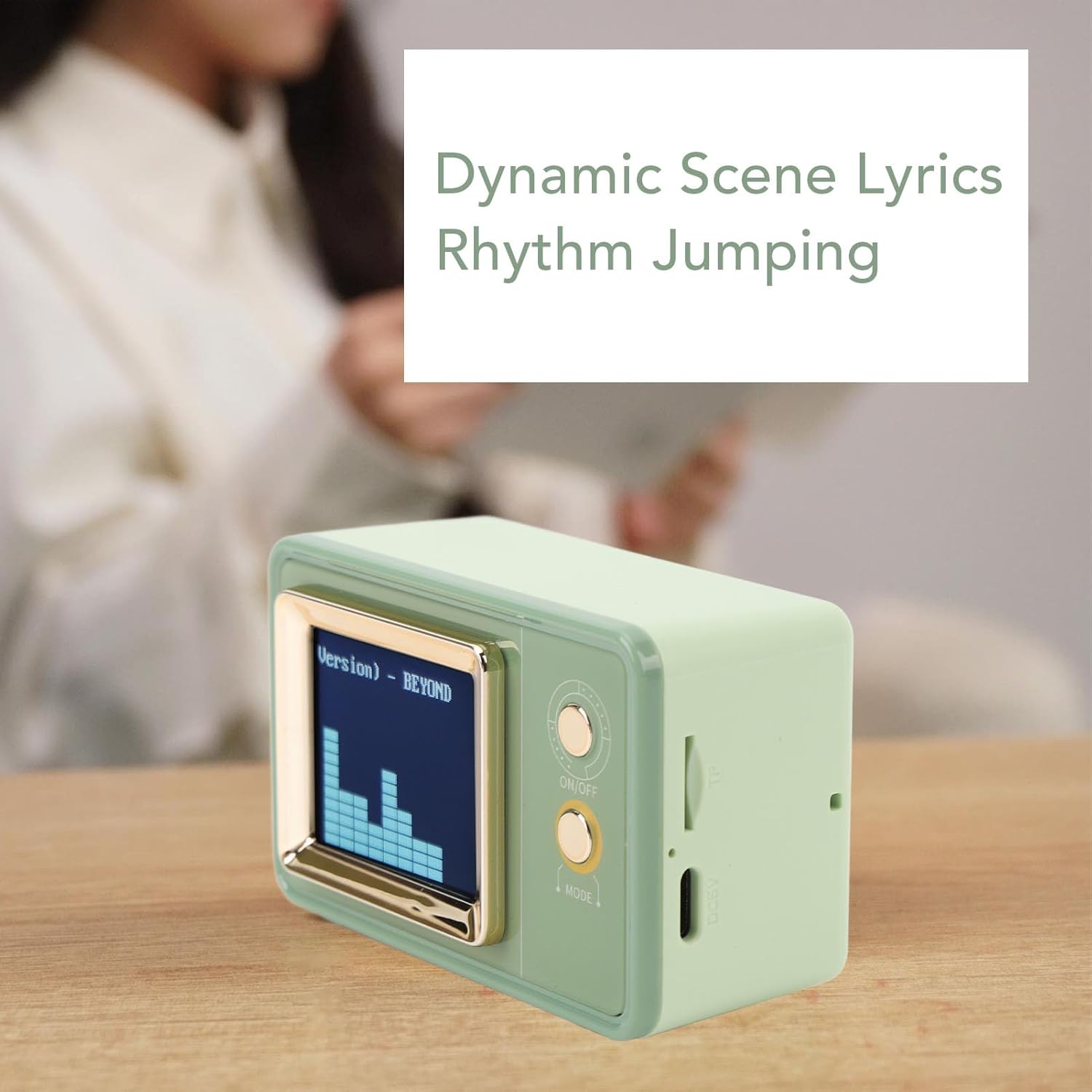 Compact BT Speaker with Dynamic Scene Lyrics Desktop Clock Calendar Projection Screen Speaker for Daily and Party, Retro Green Desk Clock Speaker