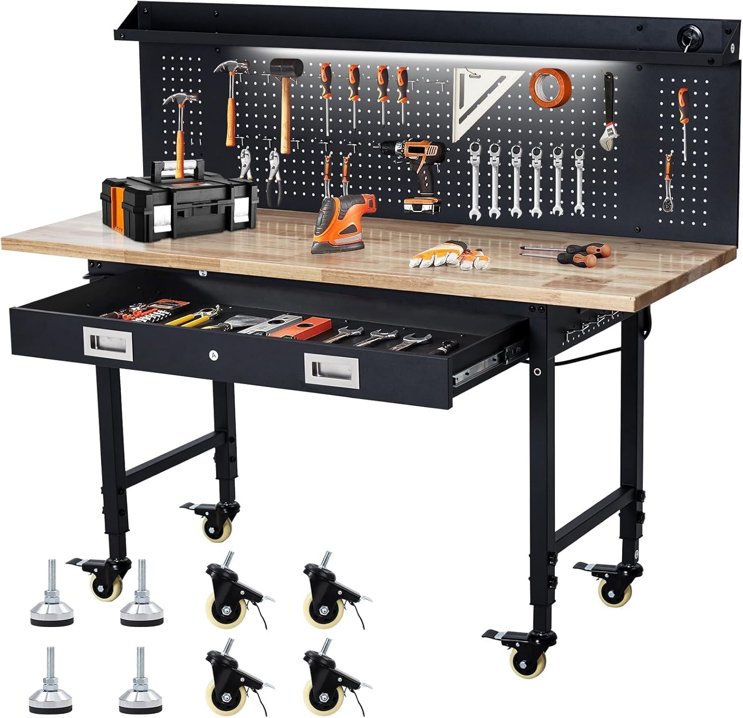 Workbench 60″ x 22″ Adjustable Height Worktable, Heavy Duty Rubber Wood Top, 2000 LBS Load Capacity, Tool Storage Workstation with Drawer, Pegboard, Power Outlets & Lockable Wheels Workbench 60″ x 22″ Adjustable Height Worktable, Heavy Duty Rubber Wood Top, 2000 LBS Load Capacity, Tool Storage Workstation with Drawer, Pegboard, Power Outlets & Lockable Wheels